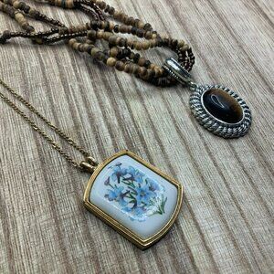 Avon (2) Flower Porcelain & Tiger Eye Necklace Bundle